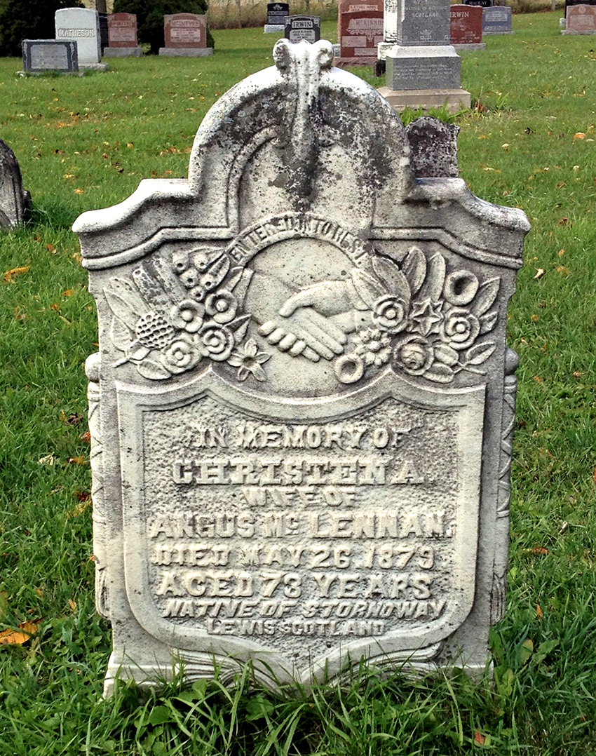 Photo of headstones/Christena McLennan d 1878 hdstn Lovat cem Bruce co ON